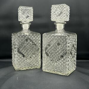 Vintage 1960 Art Deco Diamond Accented Glass Decanters Set of 2 Barware